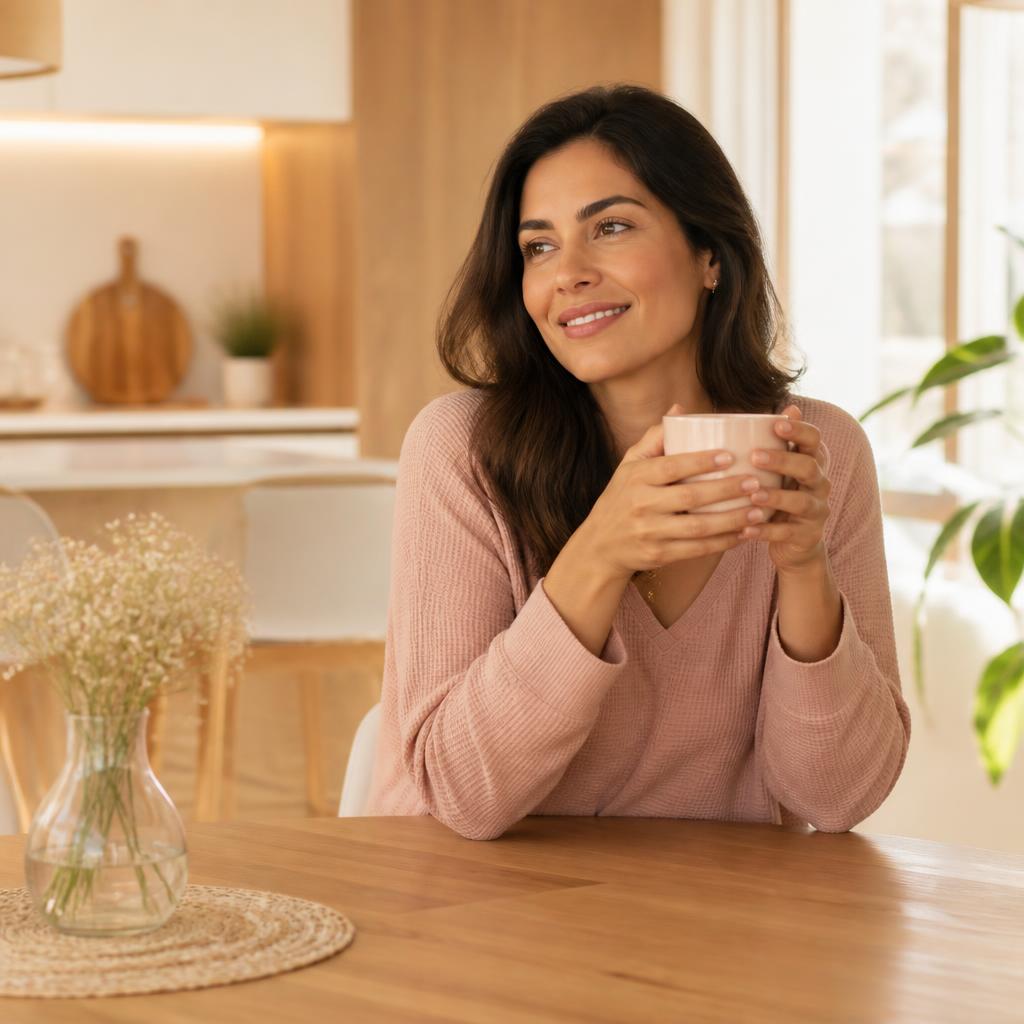 Mulher tranquila tomando café em casa organizada